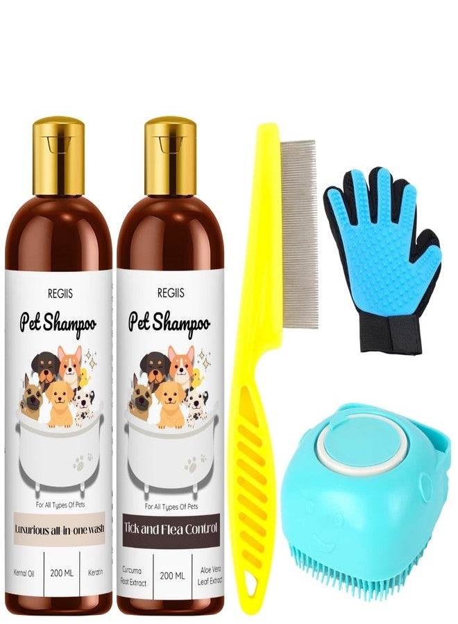 REGIIS Pet Shampoo Set with Grooming Tools, 2 Bottles 200ML Each, Tick and Flea Control, Grooming Glove, Comb, Brush for Dogs(5 Pack) - Image 1